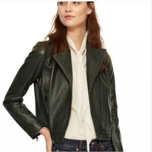 Tory Burch Dark Green Sheepskin Cropped Moto Leather Jacket
